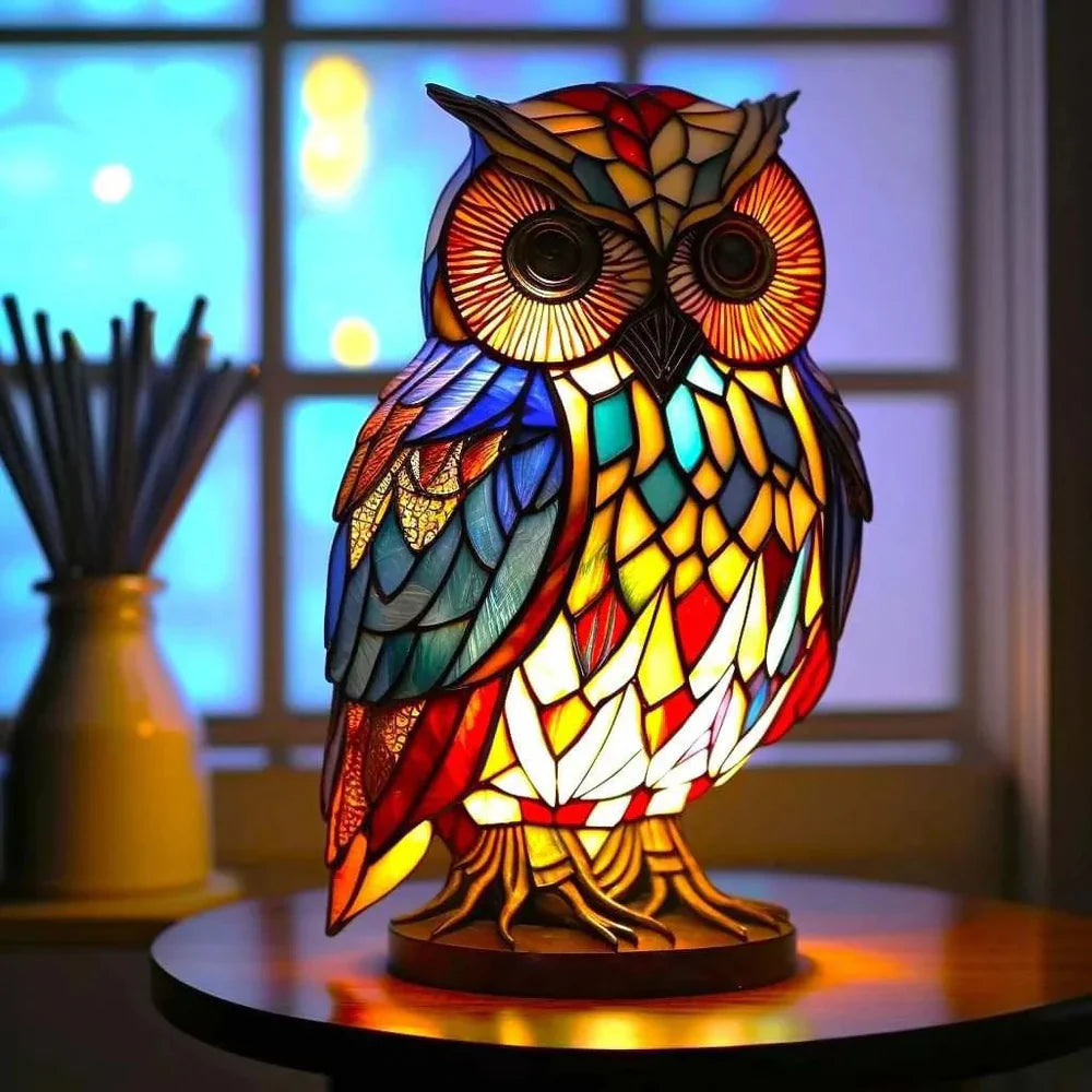 SUENTA Künstlerische Lampe Glasmalerei Stil Mit 20 Einzigartigen Tiermotiven Lichtspiel Eule 15CM