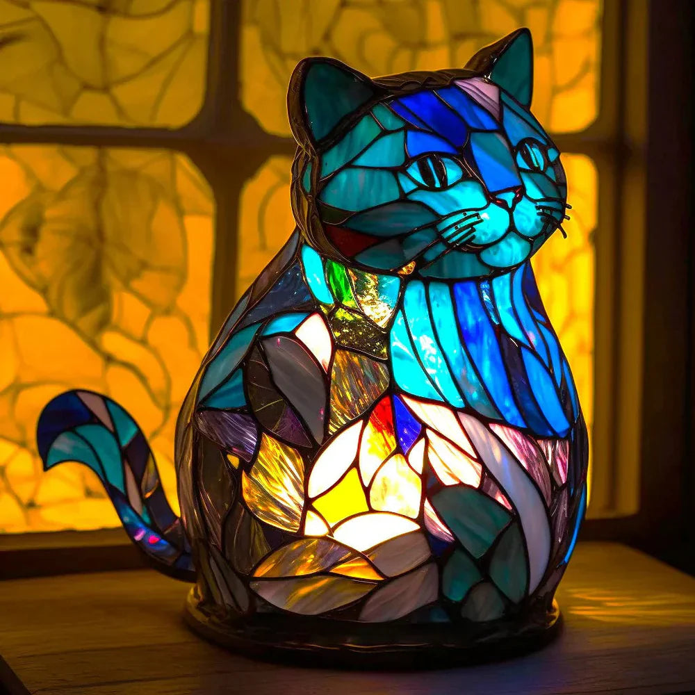 SUENTA Kunstleuchte Interieur Kunstwerk Buntglasstil 20 Tiermotiven Katze