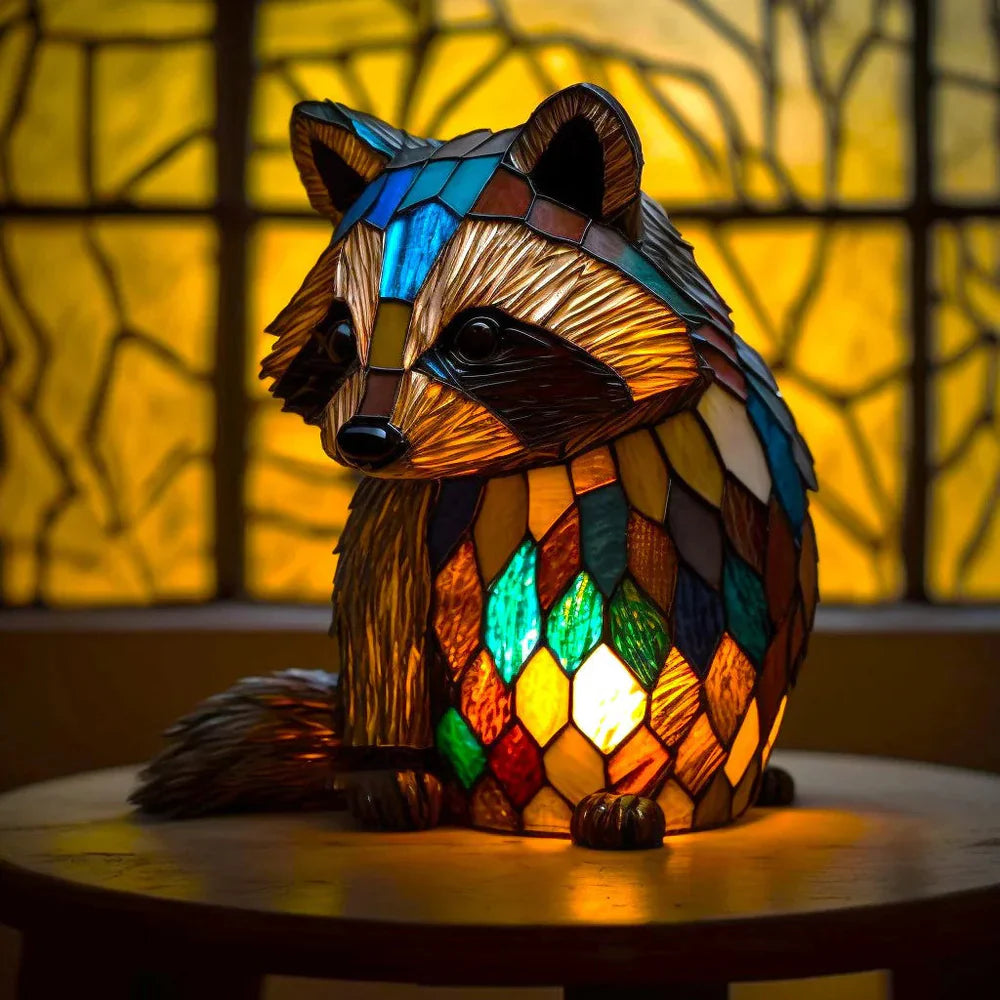 SUENTA Künstlerische Lampe Glasmalerei Stil Mit 20 Einzigartigen Tiermotiven Lichtspiel Waschbär 15CM