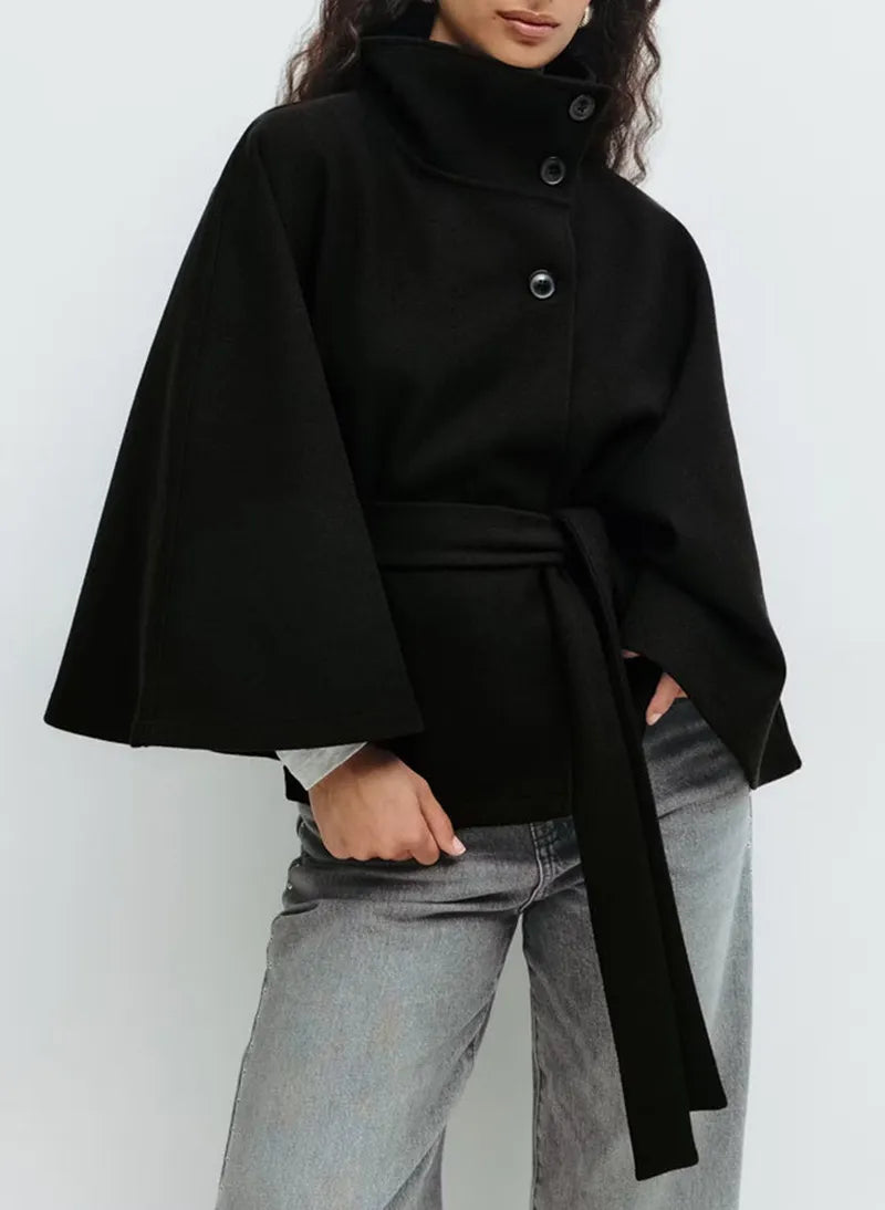 SUENTA Damen Kurzer Damen-Cape-Mantel – Stehkragen, Taillengürtel, Cape-Ärmel Schwarz