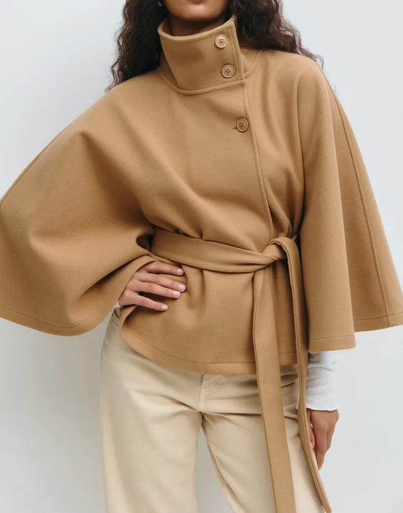 SUENTA Damen Kurzer Damen-Cape-Mantel – Stehkragen, Taillengürtel, Cape-Ärmel Khaki