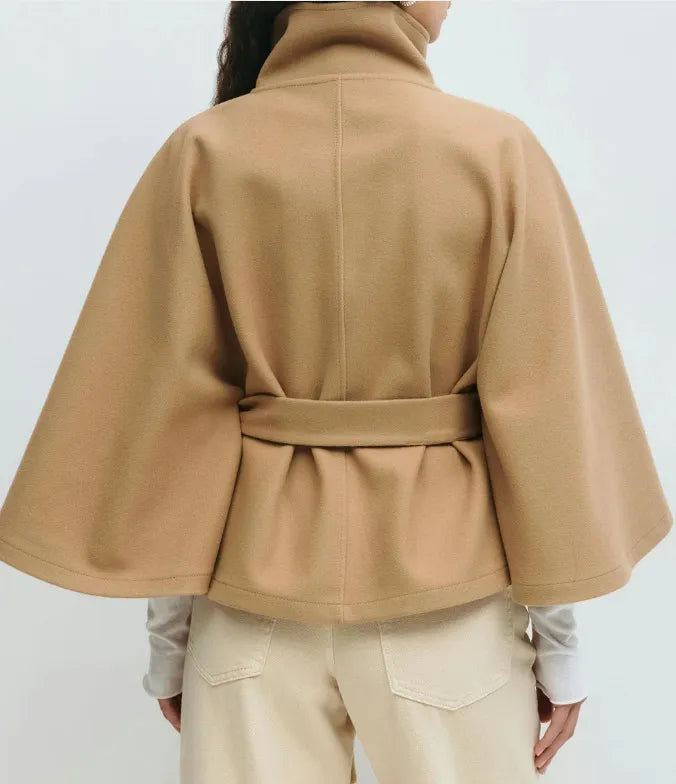 SUENTA Damen Kurzer Damen-Cape-Mantel – Stehkragen, Taillengürtel, Cape-Ärmel