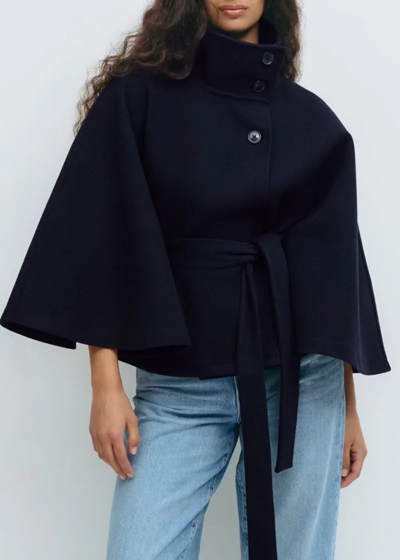 SUENTA Damen Kurzer Damen-Cape-Mantel – Stehkragen, Taillengürtel, Cape-Ärmel Marineblau