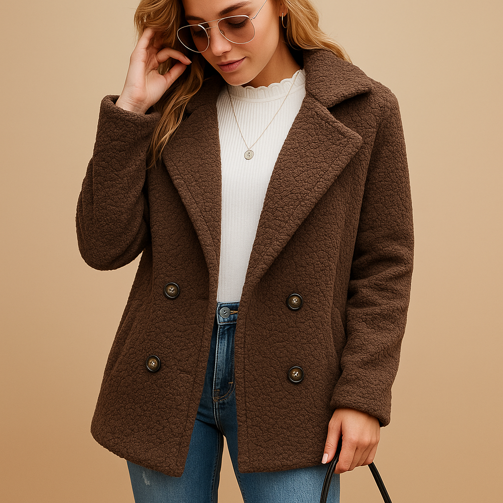 SUENTA Damen Kurzer Damen-Teddy-Wintermantel Mit Knopfverschluss Weich Taillierte Passform Kaffee
