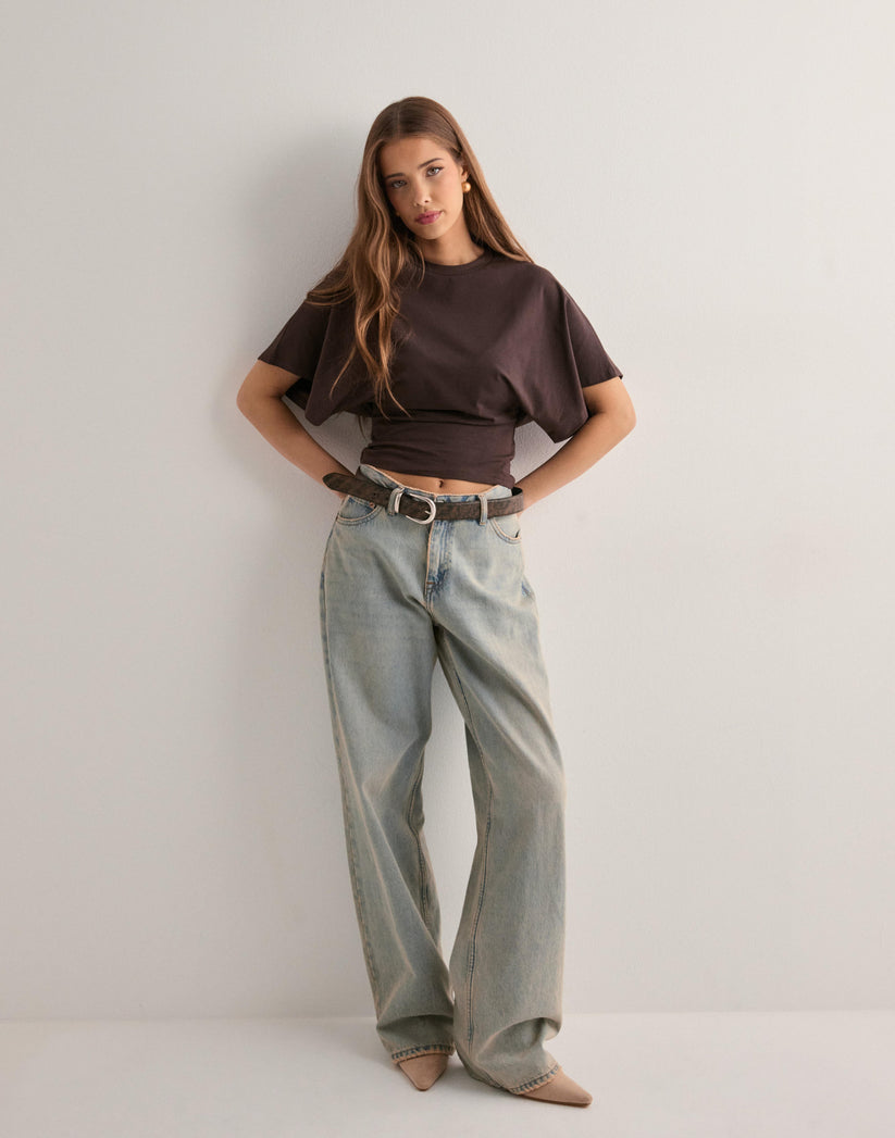 SUENTA Damen Cropped-T-Shirt Lässige Passform Weite Ärmel Atmungsaktives Design Braun