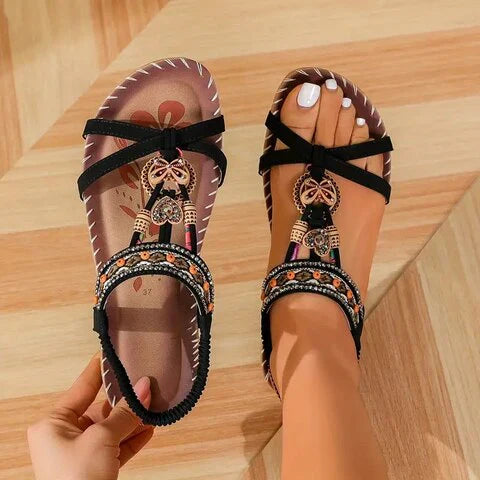 SUENTA Damen Sandalen Boho-Sandalen Mit Flacher Sohle Natürlichem Ethno-Look Schwarz