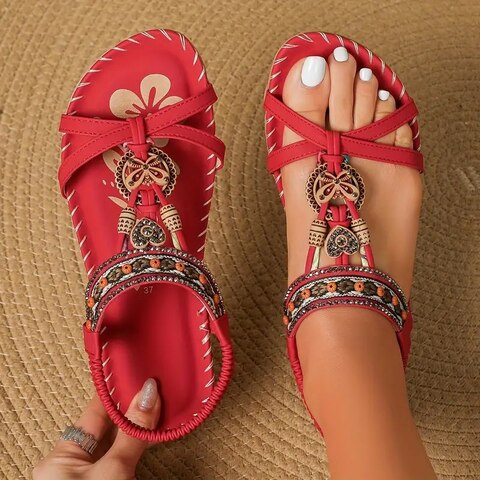 SUENTA Damen Sandalen Boho-Sandalen Mit Flacher Sohle Natürlichem Ethno-Look Rot