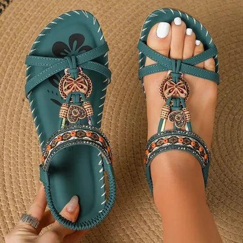 SUENTA Damen Sandalen Boho-Sandalen Mit Flacher Sohle Natürlichem Ethno-Look Grün