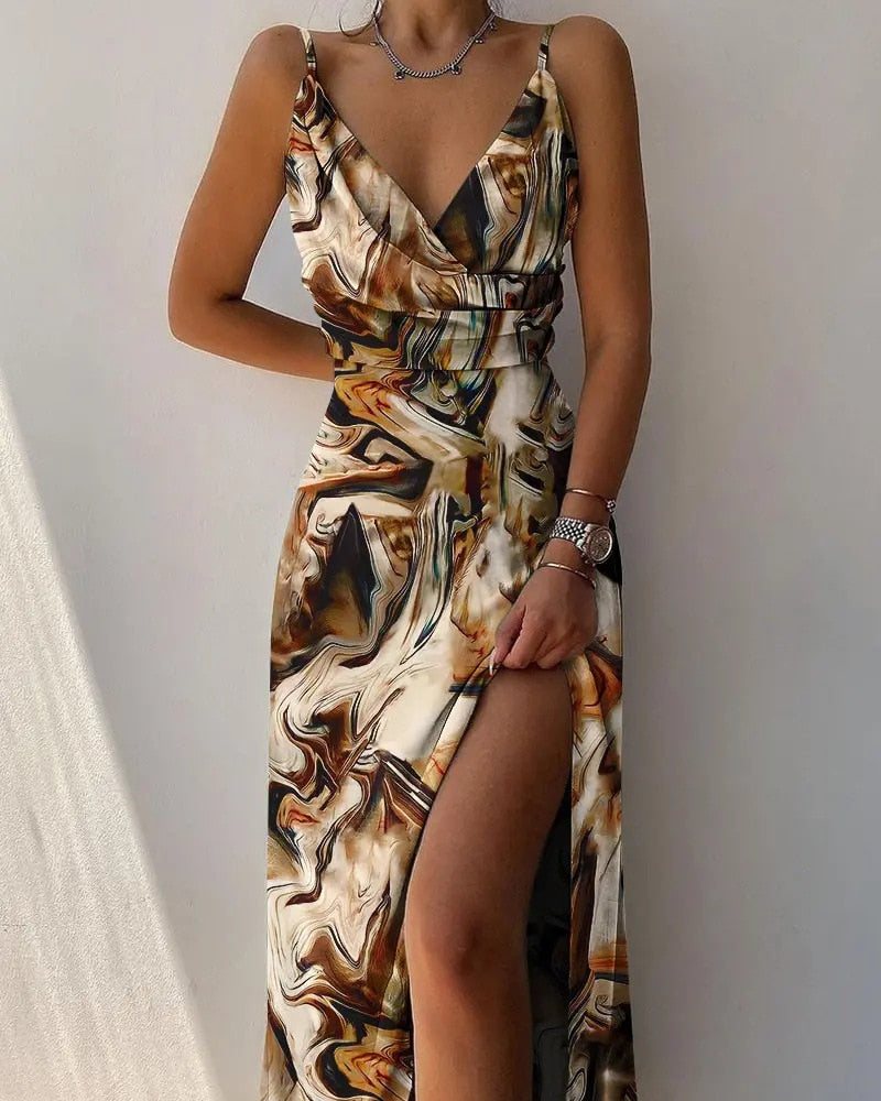 SUENTA Damen Kleid Spaghettiträger V-Ausschnitt Tailliert Hoher Schlitz Abendkleid Braun