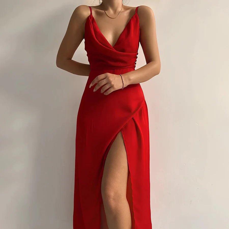 SUENTA Damen Kleid Spaghettiträger V-Ausschnitt Tailliert Hoher Schlitz Abendkleid Rot