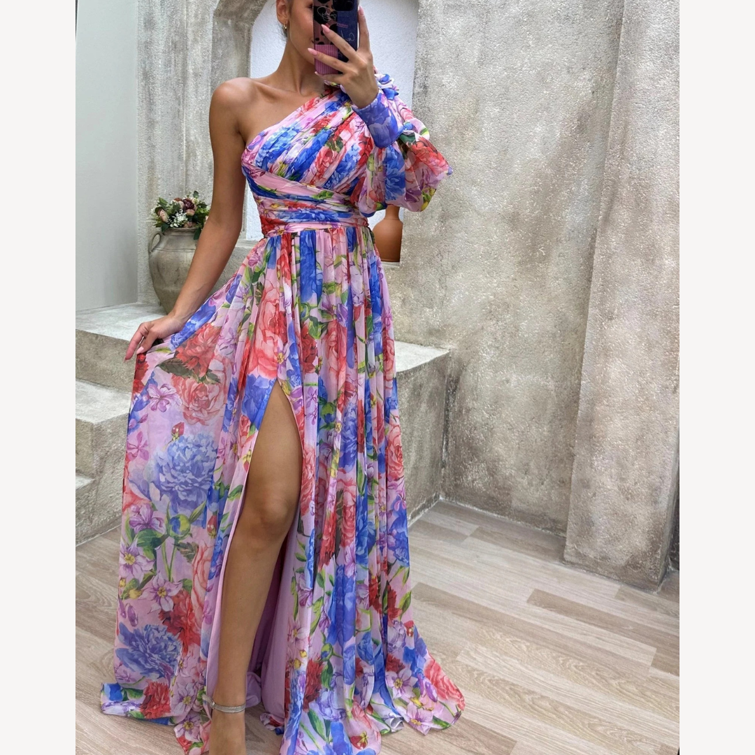 SUENTA Damen Maxi-Abendkleid – Elegantes One-Shoulder-Design & Florales Muster Lila