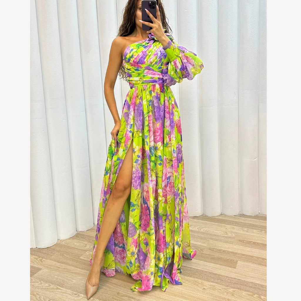 SUENTA Damen Maxi-Abendkleid – Elegantes One-Shoulder-Design & Florales Muster Gelb