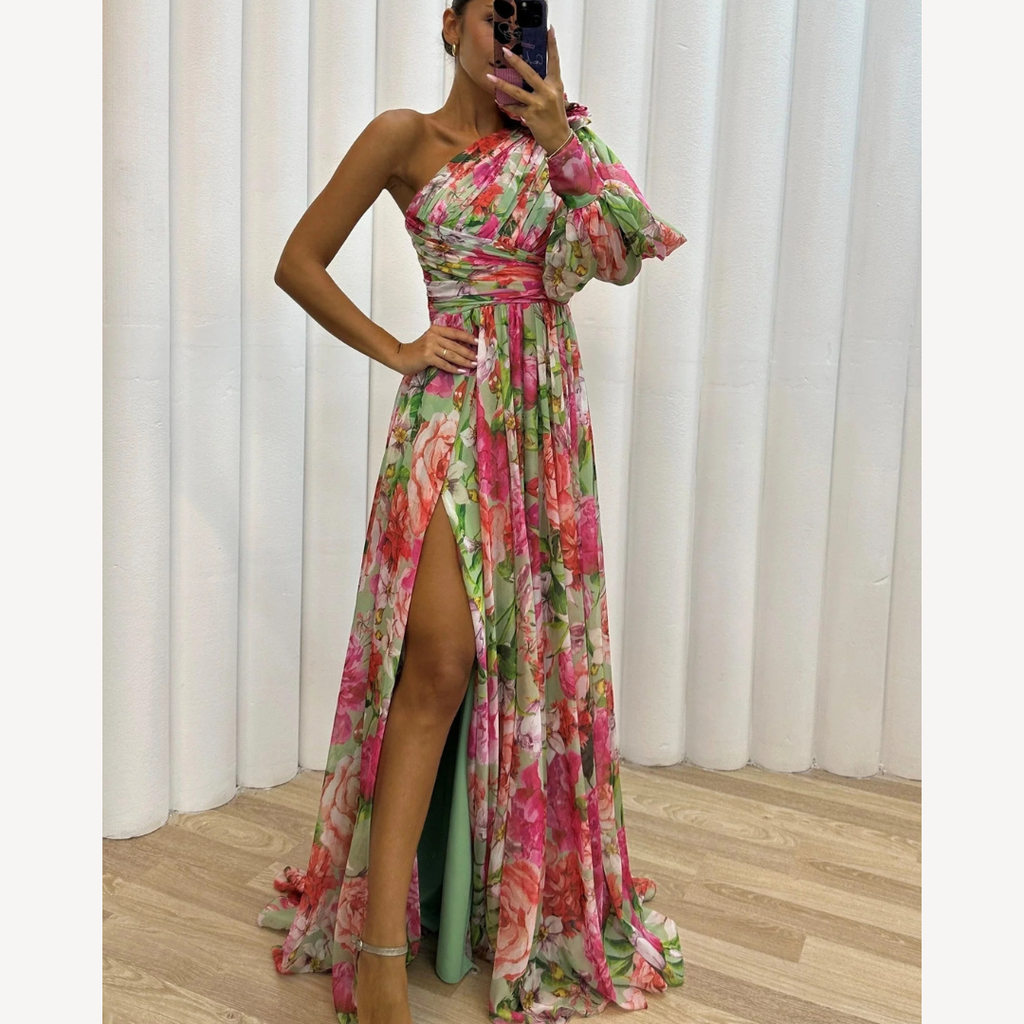SUENTA Damen Maxi-Abendkleid – Elegantes One-Shoulder-Design & Florales Muster Rosa