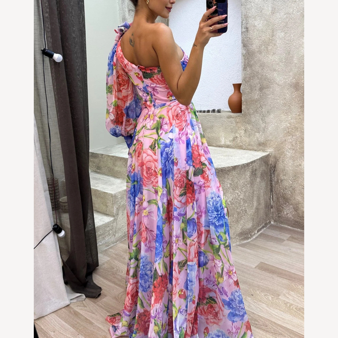 SUENTA Damen Maxi-Abendkleid – Elegantes One-Shoulder-Design & Florales Muster