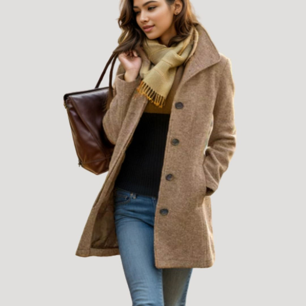 SUENTA Damen Langer, Geknöpfter Wintermantel Für Damen Aus Wollmischung Khaki
