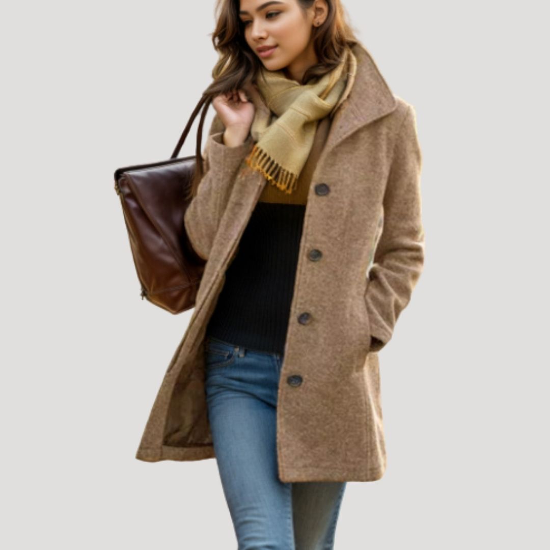 SUENTA Damen Langer, Geknöpfter Wintermantel Für Damen Aus Wollmischung Khaki