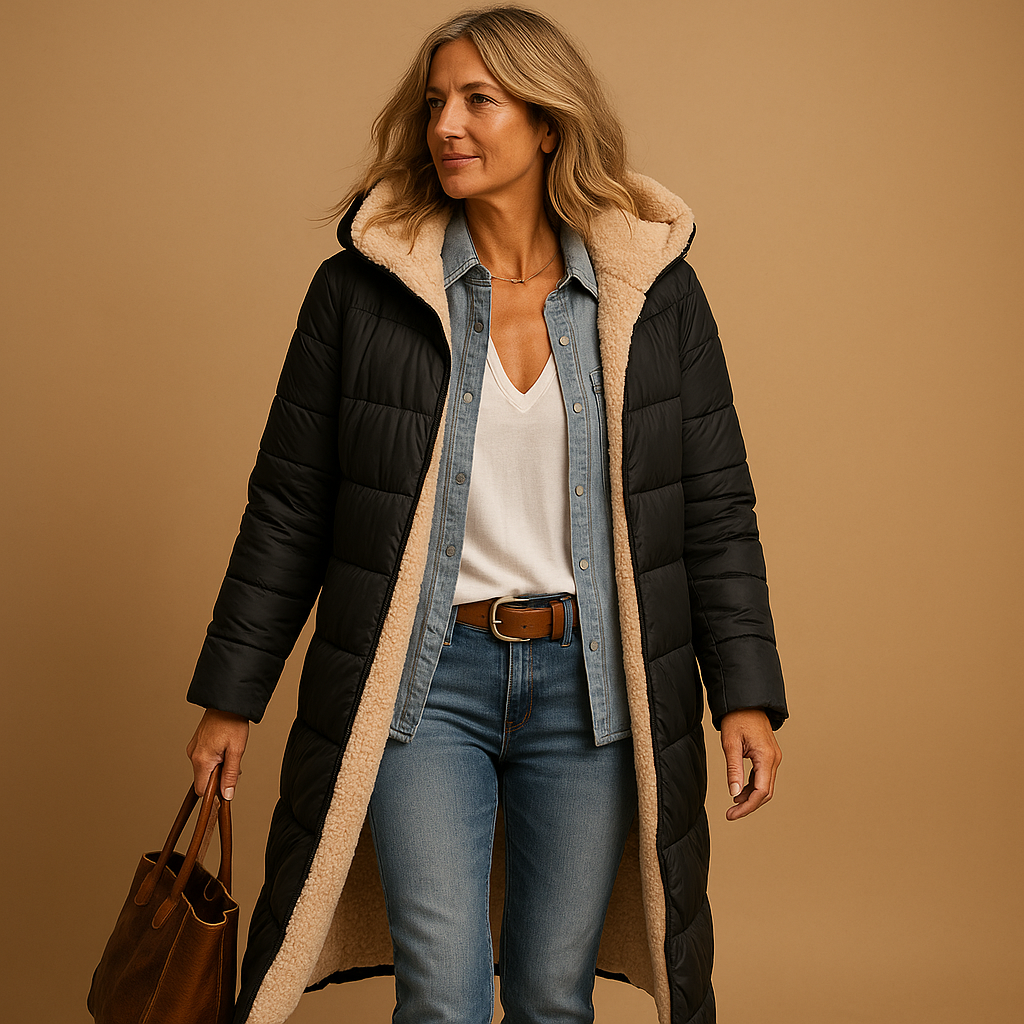 SUENTA Damen Langer Wattierter Damenmantel Steppdesign Winterwärme Schwarz