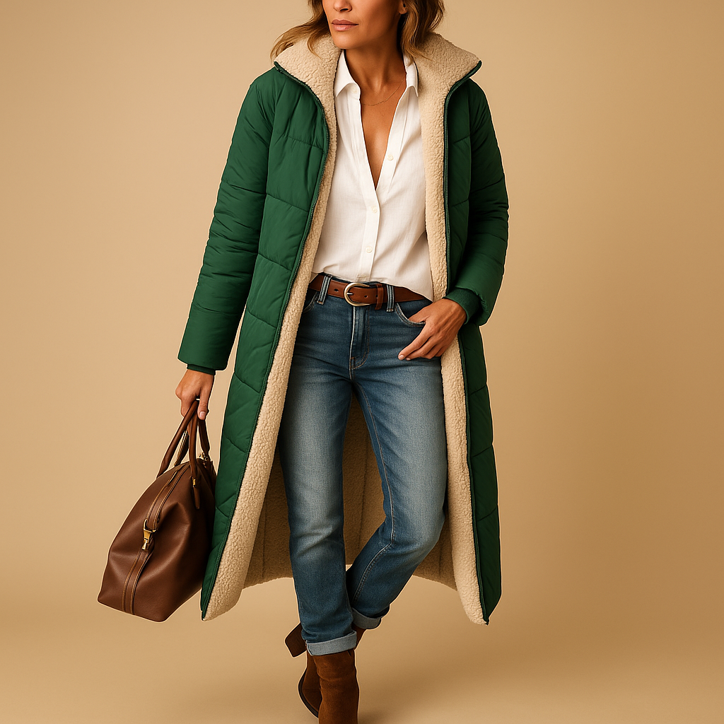 SUENTA Damen Langer Wattierter Damenmantel Steppdesign Winterwärme Armeegrün