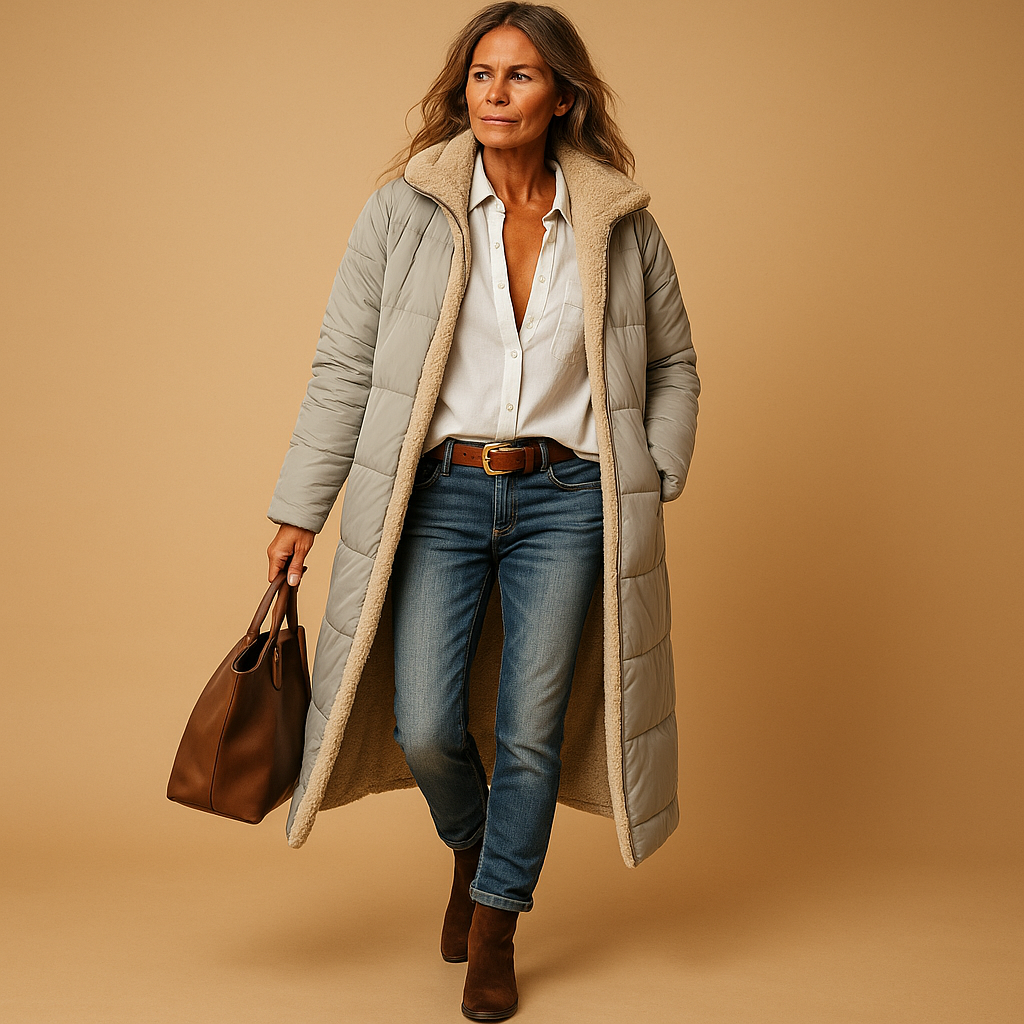 SUENTA Damen Langer Wattierter Damenmantel Steppdesign Winterwärme Grau