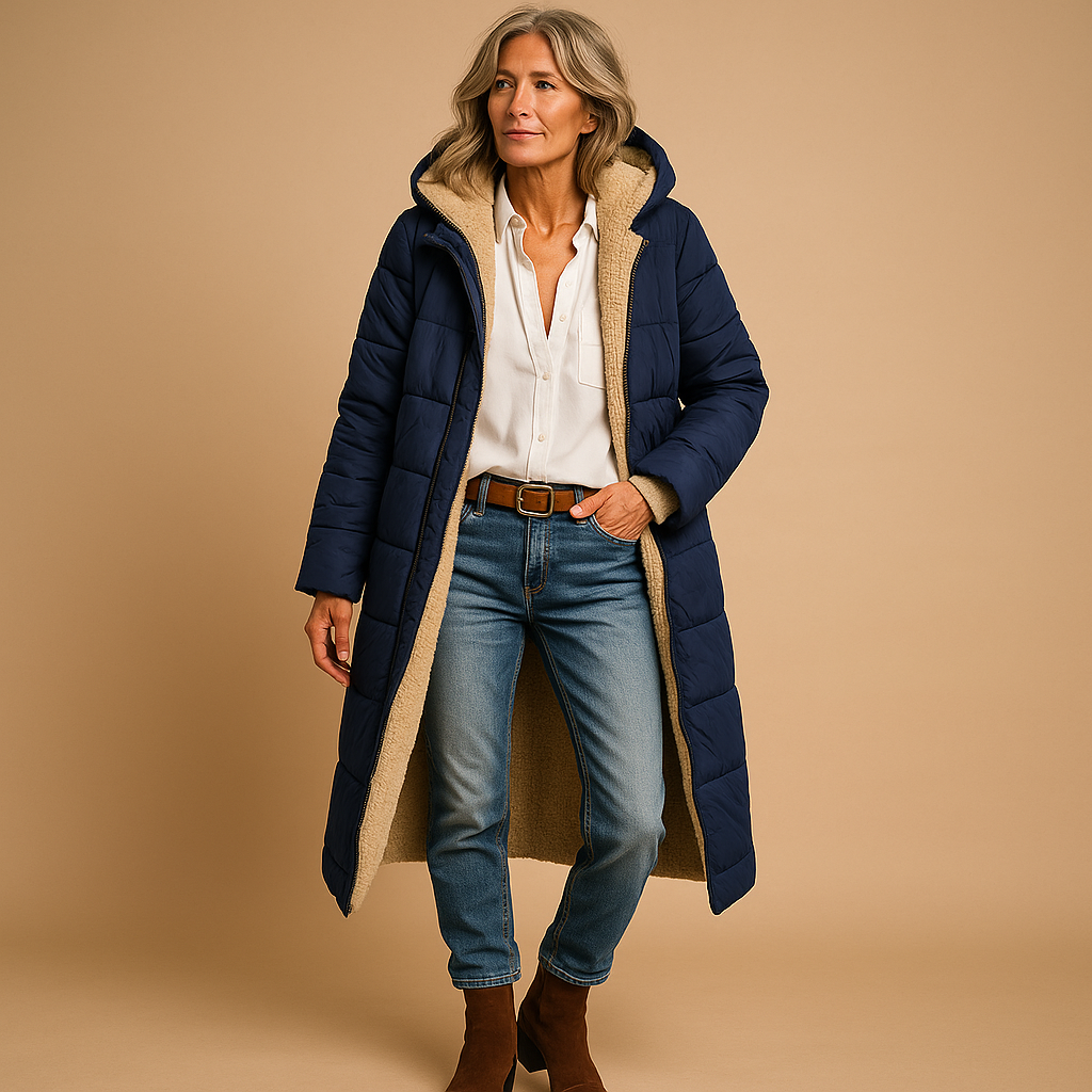 SUENTA Damen Langer Wattierter Damenmantel Steppdesign Winterwärme Marineblau