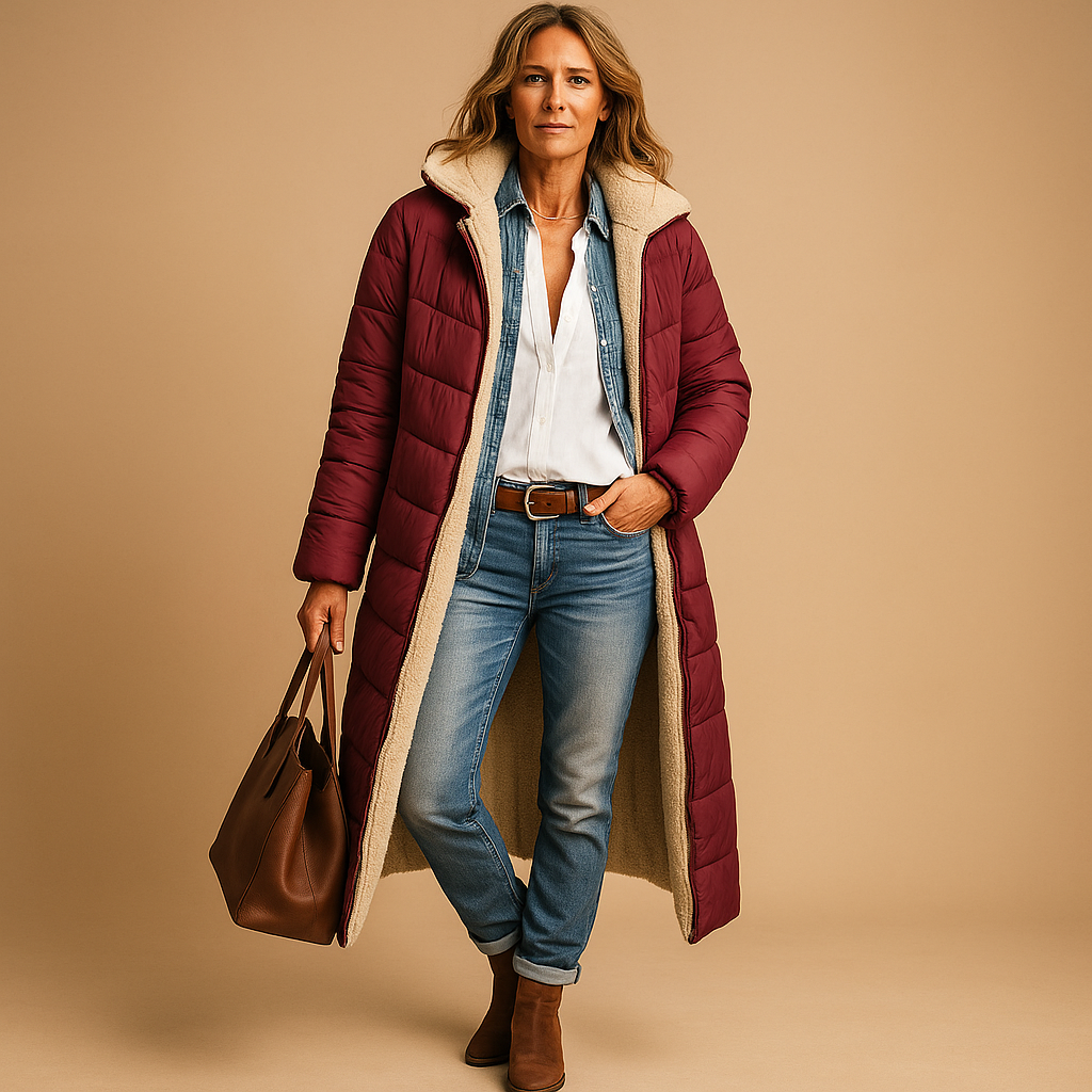 SUENTA Damen Langer Wattierter Damenmantel Steppdesign Winterwärme Rot