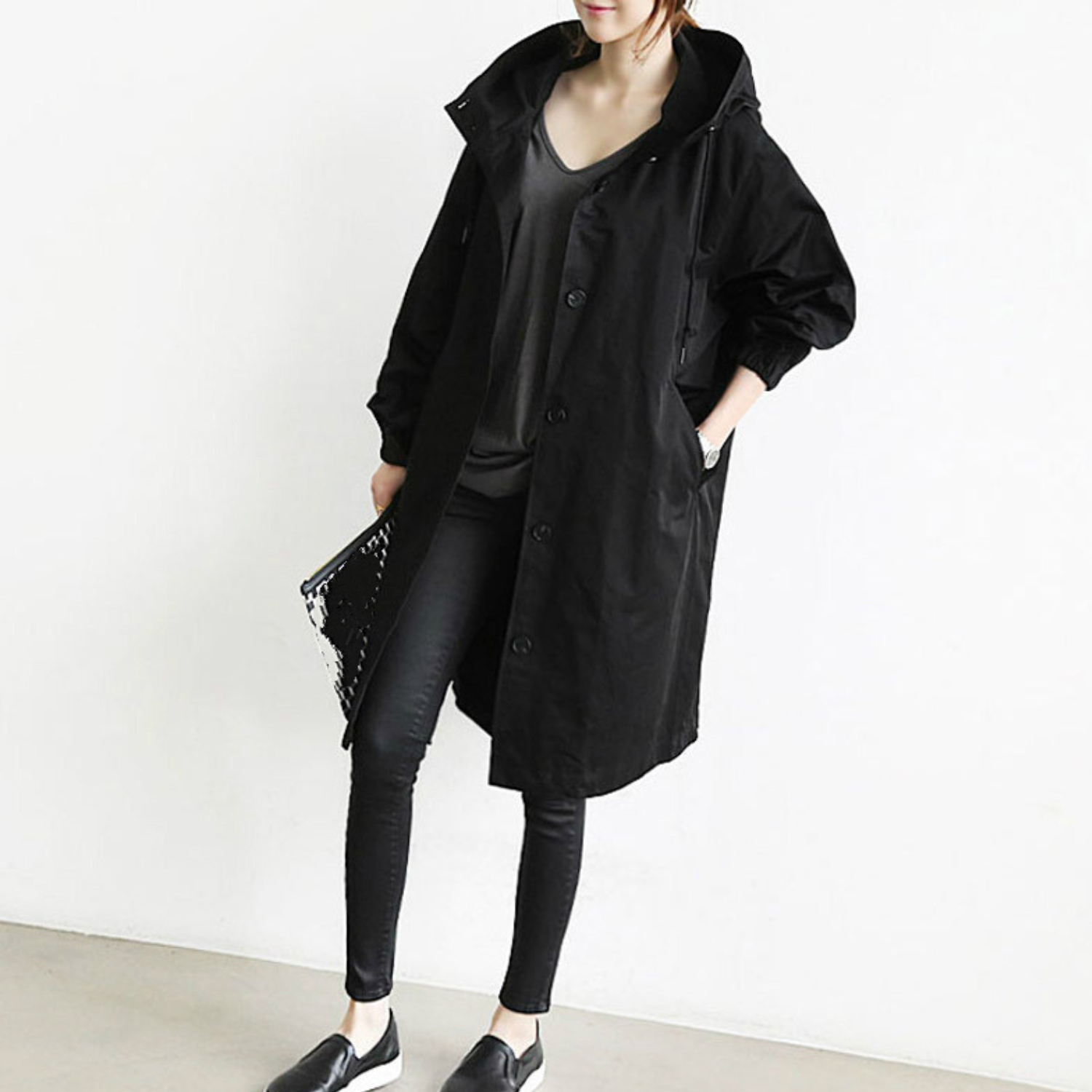 SUENTA Damen Trenchcoat Langer Mit Kapuze Windgewebe Schutz schwarz