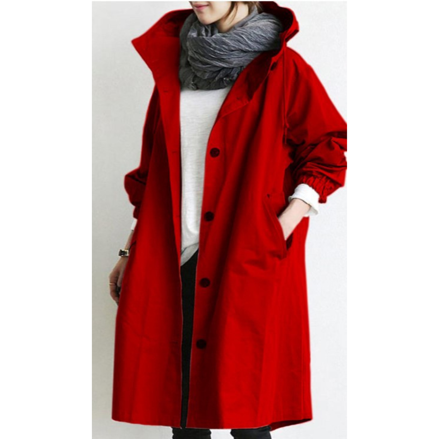 SUENTA Damen Trenchcoat Langer Mit Kapuze Windgewebe Schutz rot