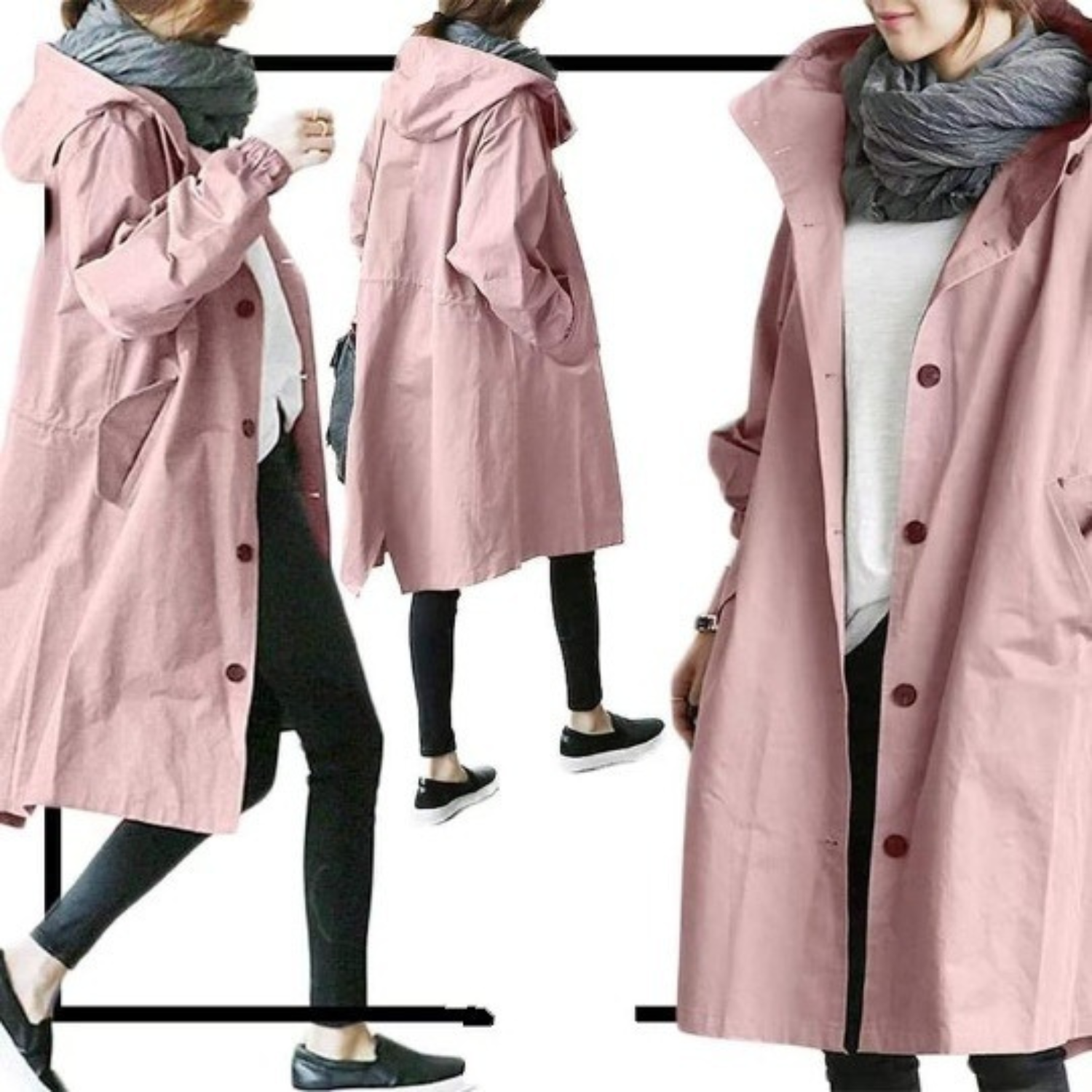 SUENTA Damen Trenchcoat Langer Mit Kapuze Windgewebe Schutz rosa