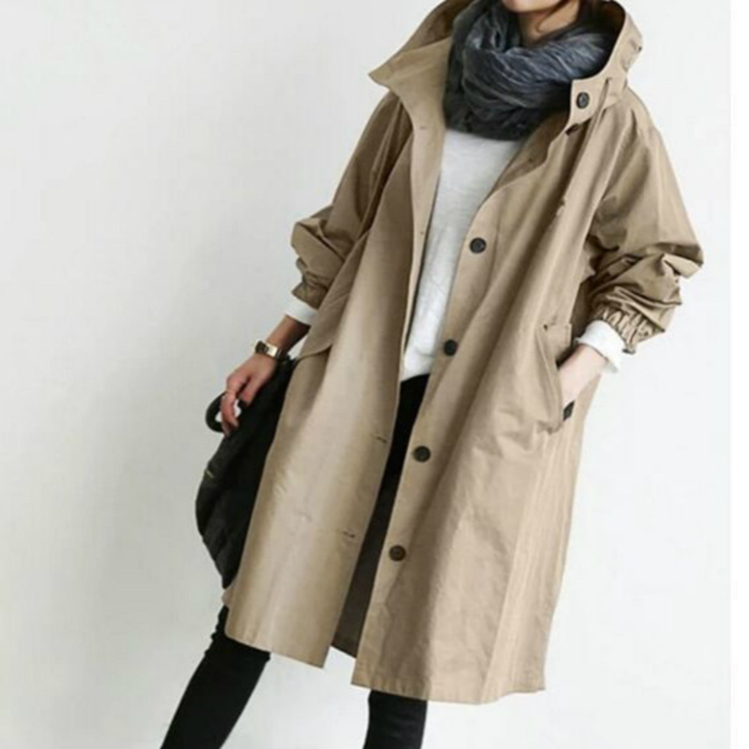 SUENTA Damen Trenchcoat Langer Mit Kapuze Windgewebe Schutz hellbraun
