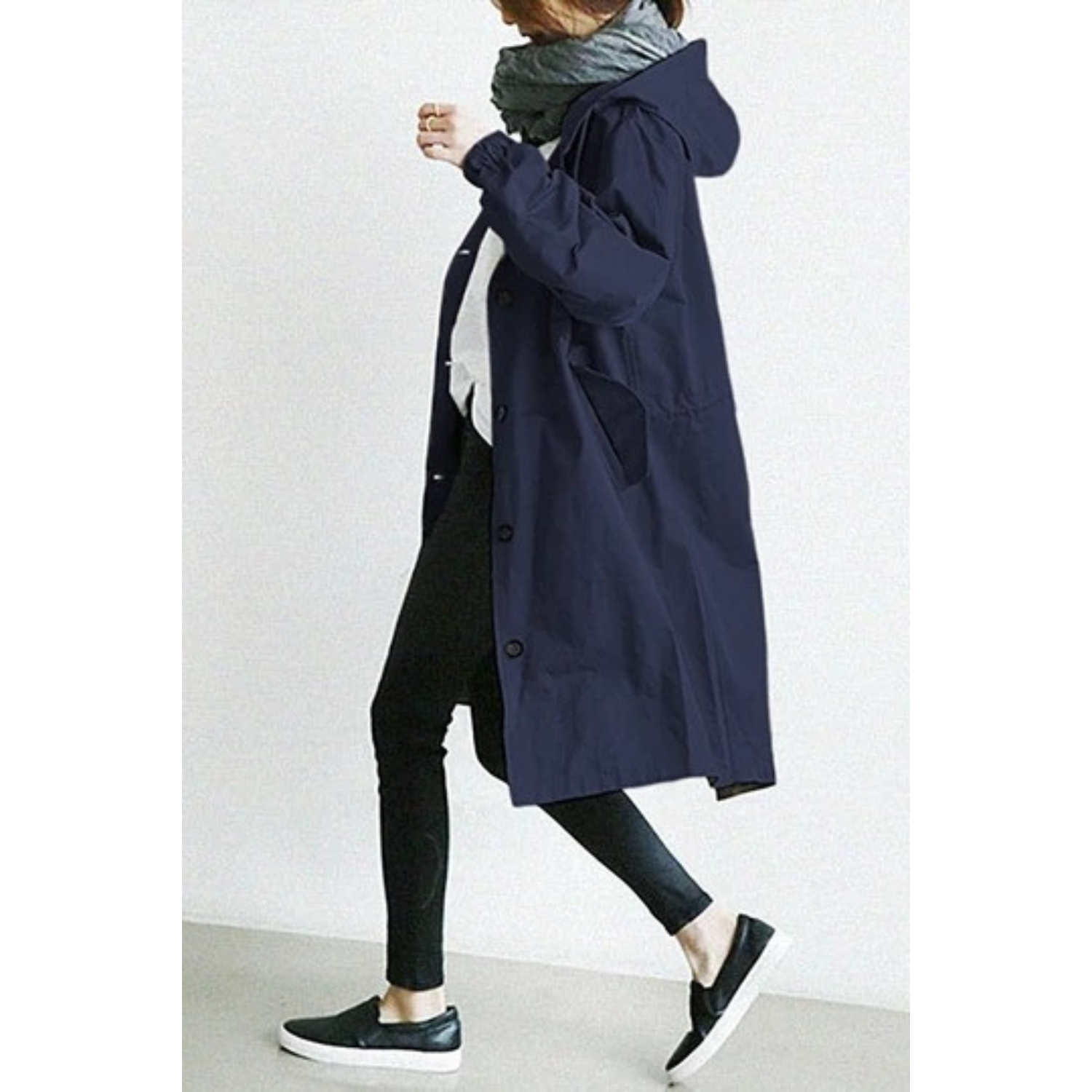 SUENTA Damen Trenchcoat Langer Mit Kapuze Windgewebe Schutz dunkelblau