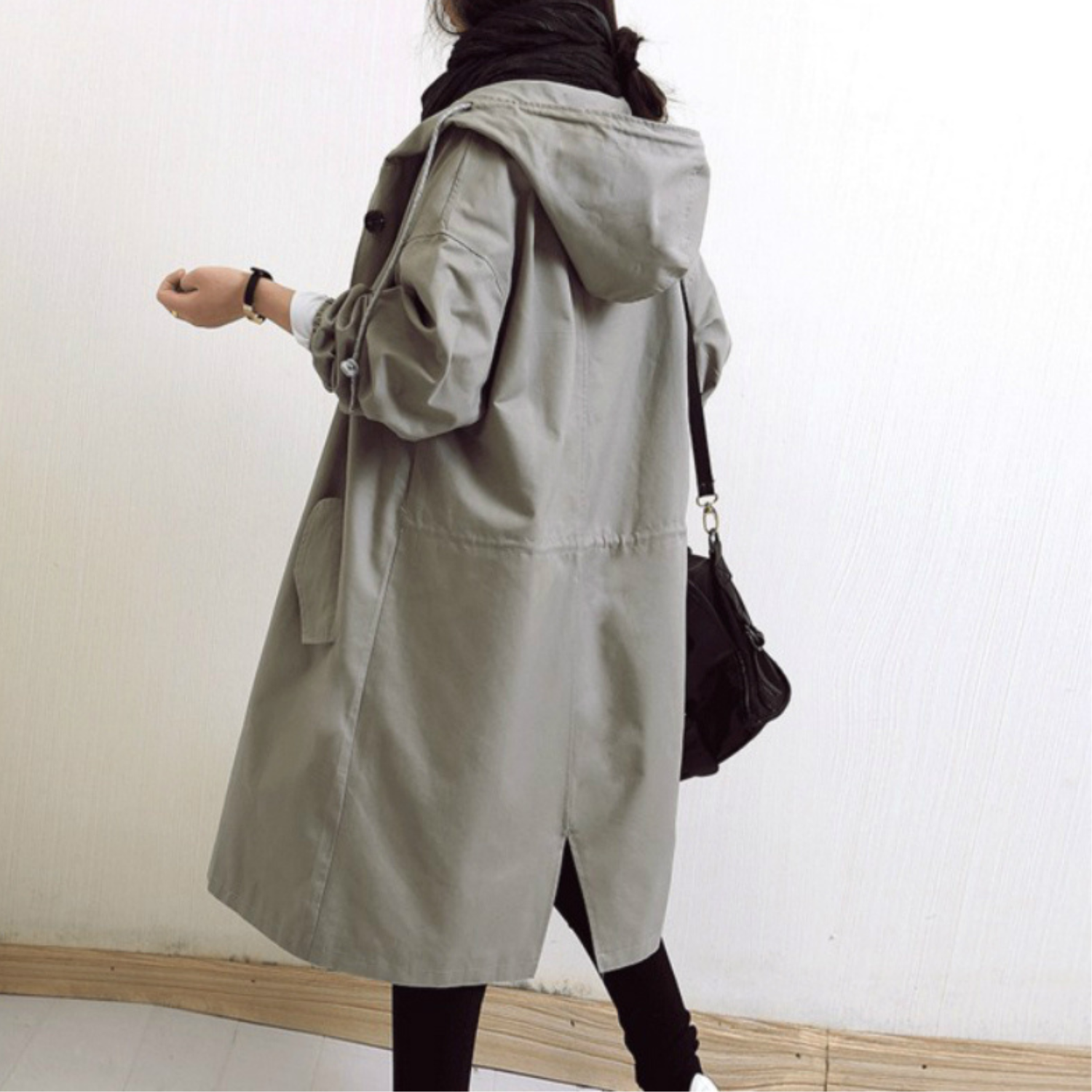 SUENTA Damen Trenchcoat Langer Mit Kapuze Windgewebe Schutz Grau