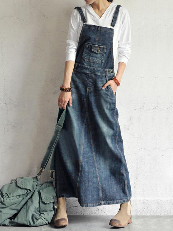 SUENTA Jeans-Overallkleid Vintage-Stil Rückenschlitz Verstellbare Schulterträger Blau