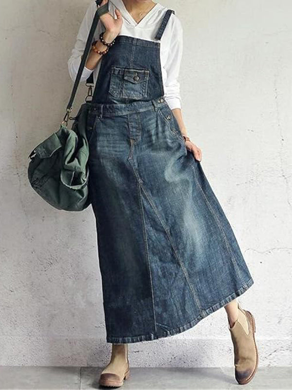 SUENTA Jeans-Overallkleid Vintage-Stil Rückenschlitz Verstellbare Schulterträger