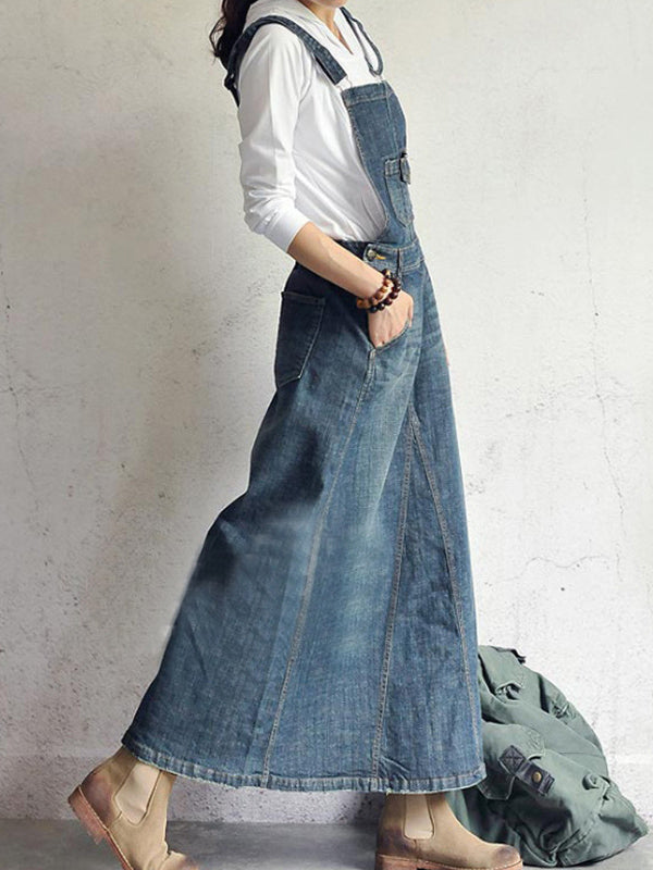 SUENTA Jeans-Overallkleid Vintage-Stil Rückenschlitz Verstellbare Schulterträger