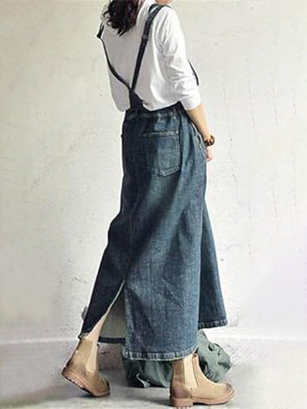 SUENTA Jeans-Overallkleid Vintage-Stil Rückenschlitz Verstellbare Schulterträger