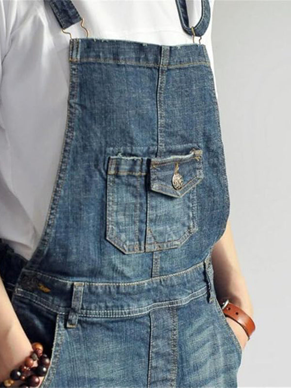SUENTA Jeans-Overallkleid Vintage-Stil Rückenschlitz Verstellbare Schulterträger