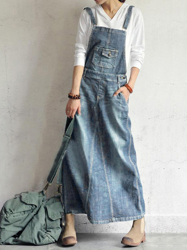 SUENTA Jeans-Overallkleid Vintage-Stil Rückenschlitz Verstellbare Schulterträger Hellblau