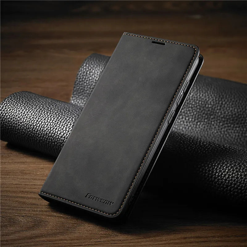 SUENTA Leder iPhone Brieftaschenhülle mit Magnetverschluss Schwarz