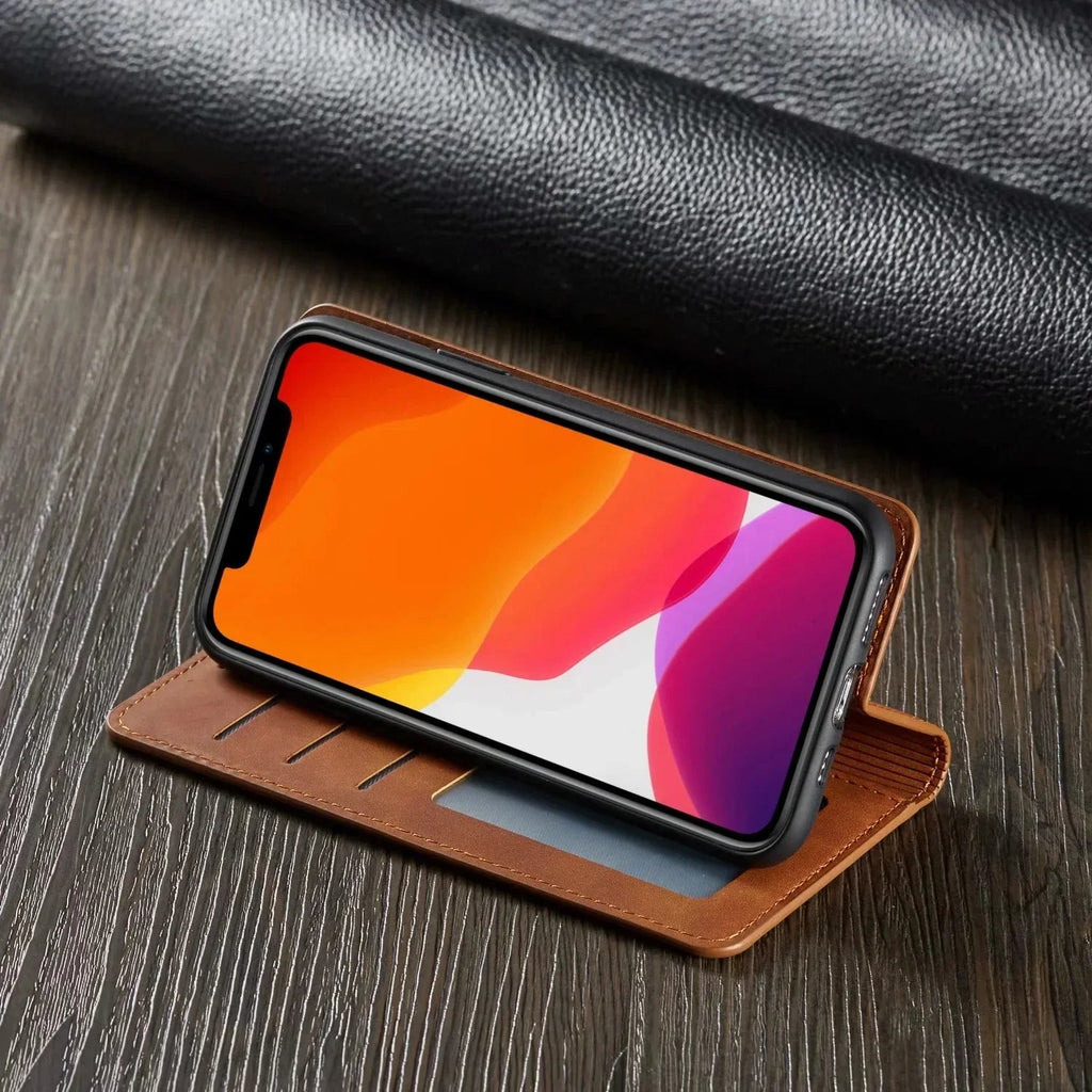 SUENTA Leder iPhone Brieftaschenhülle mit Magnetverschluss