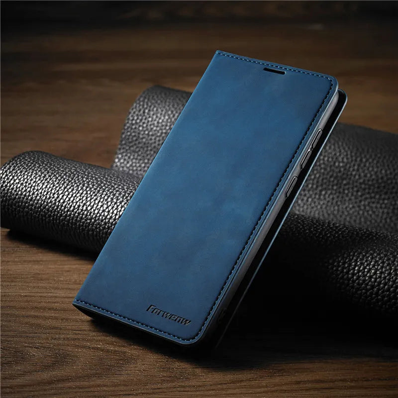 SUENTA Leder iPhone Brieftaschenhülle mit Magnetverschluss Blau