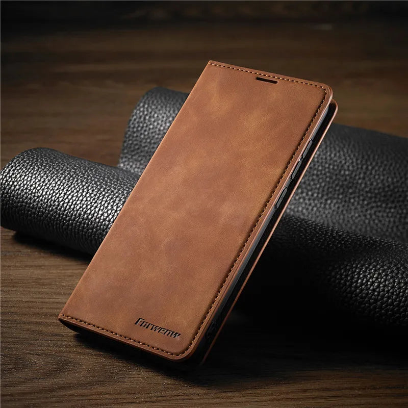 SUENTA Leder iPhone Brieftaschenhülle mit Magnetverschluss Braun