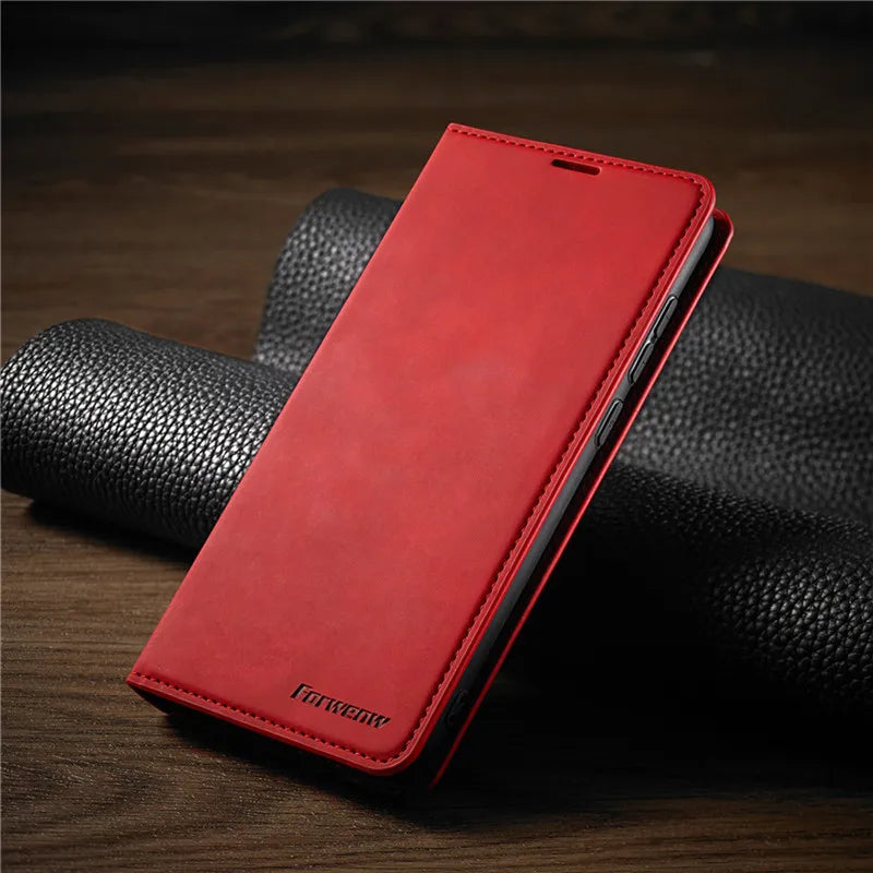SUENTA Leder iPhone Brieftaschenhülle mit Magnetverschluss Rot