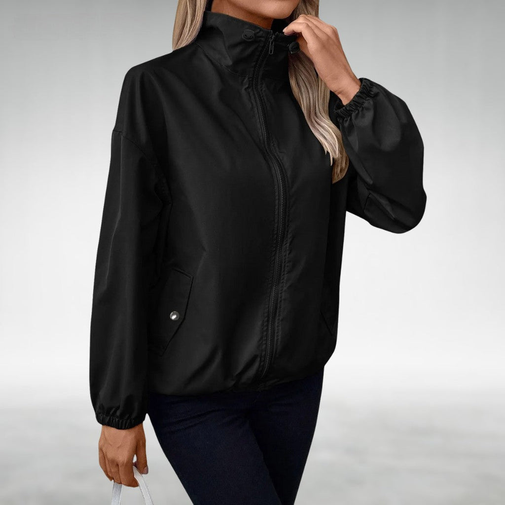 SUENTA Damen Leichte Übergangsjacke Mit Stehkragen Und Zipper Windbreaker Schwarz
