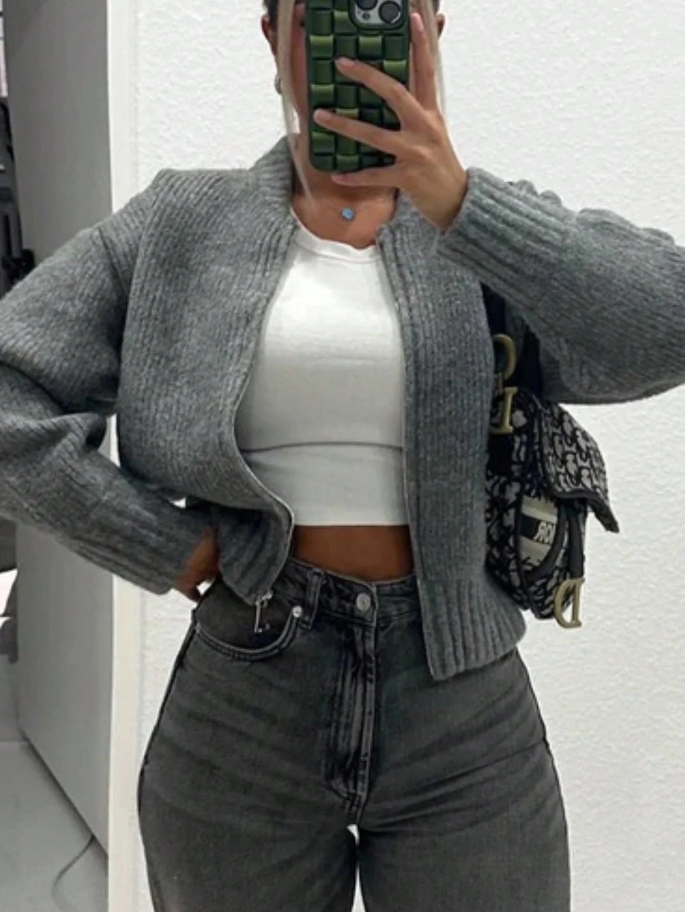 SUENTA Damen-Strickjacke Leichte Und Warme Rundhalsausschnitt Einfarbig Kettendetails