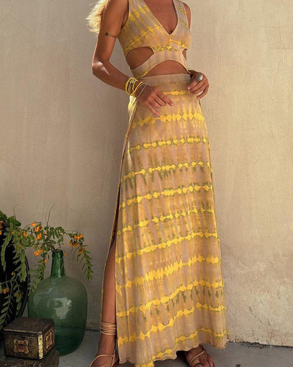 SUENTA Mina | Elegantes Langes Kleid mit Ausschnitten für Frauen – Chic Artisan Grace & Refined Slimming Silhouette Gelb