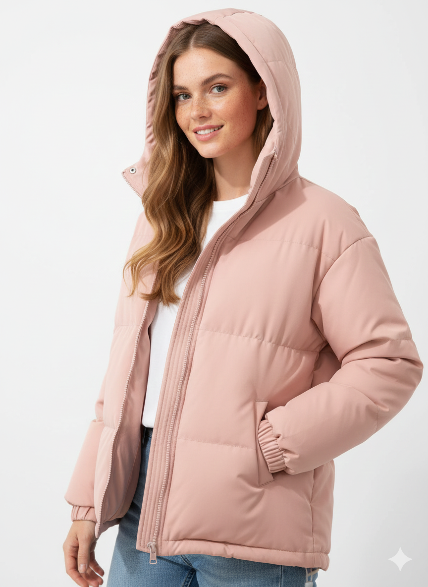 SUENTA Flora - Damen Gesteppte Jacke Mit Feste Kapuze Großzügig Gepolstert Gerader Schnitt Rose