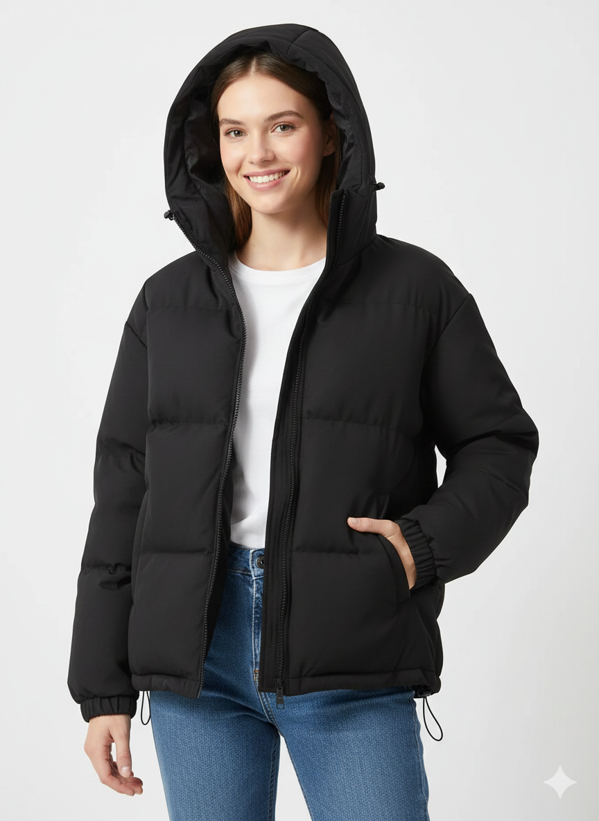 SUENTA Flora - Damen Gesteppte Jacke Mit Feste Kapuze Großzügig Gepolstert Gerader Schnitt Schwarz