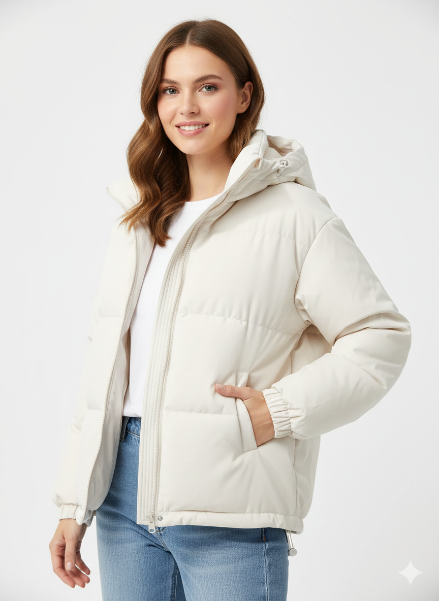 SUENTA Flora - Damen Gesteppte Jacke Mit Feste Kapuze Großzügig Gepolstert Gerader Schnitt Weiß