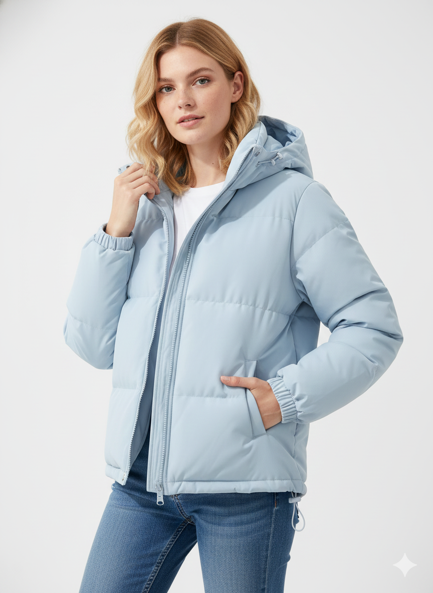 SUENTA Flora - Damen Gesteppte Jacke Mit Feste Kapuze Großzügig Gepolstert Gerader Schnitt Hellblau