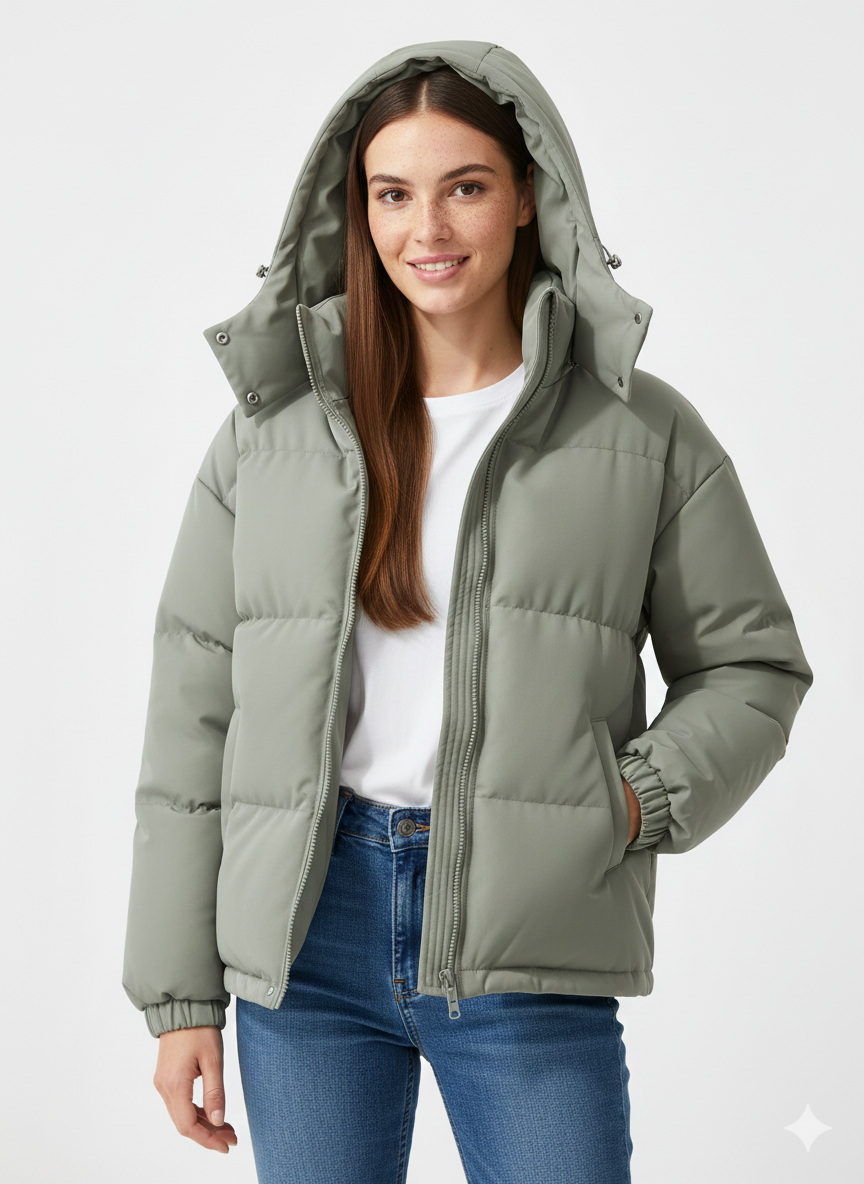 SUENTA Flora - Damen Gesteppte Jacke Mit Feste Kapuze Großzügig Gepolstert Gerader Schnitt Hellgrau